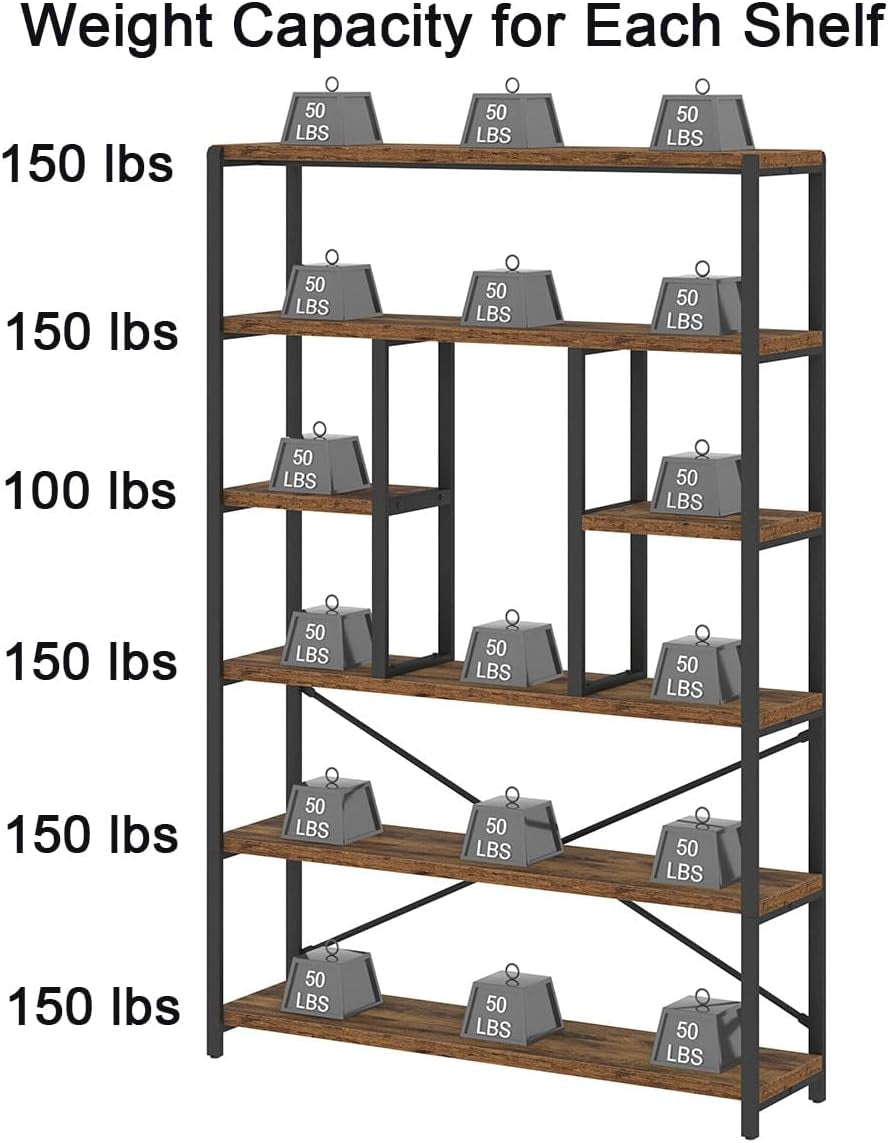 Rustic Bookcase and Bookshelf, Metal Wood 6 Tier Book Shelf, Industrial Vertical Display Etagere Book Case 6 Shelf, Vintage Large Book Shelves for Bedroom Living Room, Brown, 180 CM
