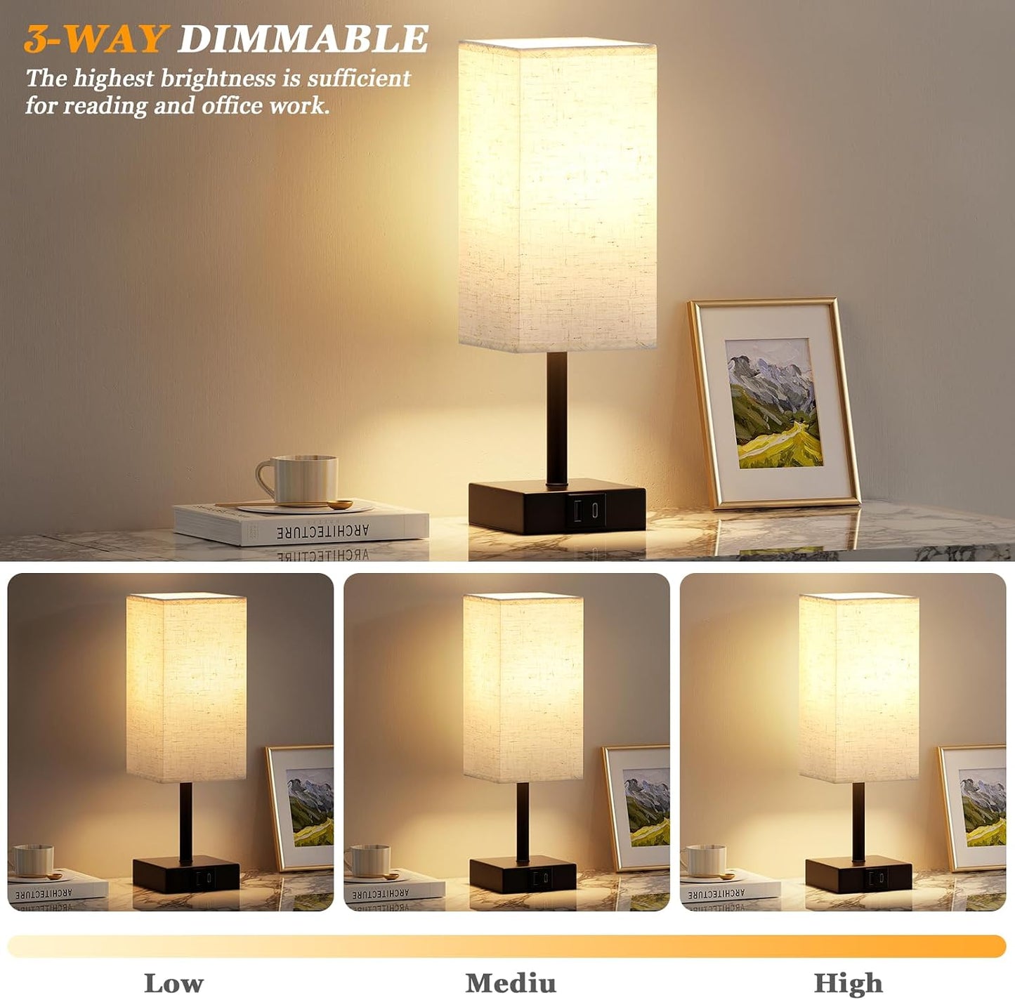 Touch Bedside Lamps, Bedside Table Lamp with USB A+C Charging Ports, Touch Lamps Bedside for Bedroom/Living Room/Study Room/Office, 3-Way Dimmable Reading Light (LED Bulb Included)