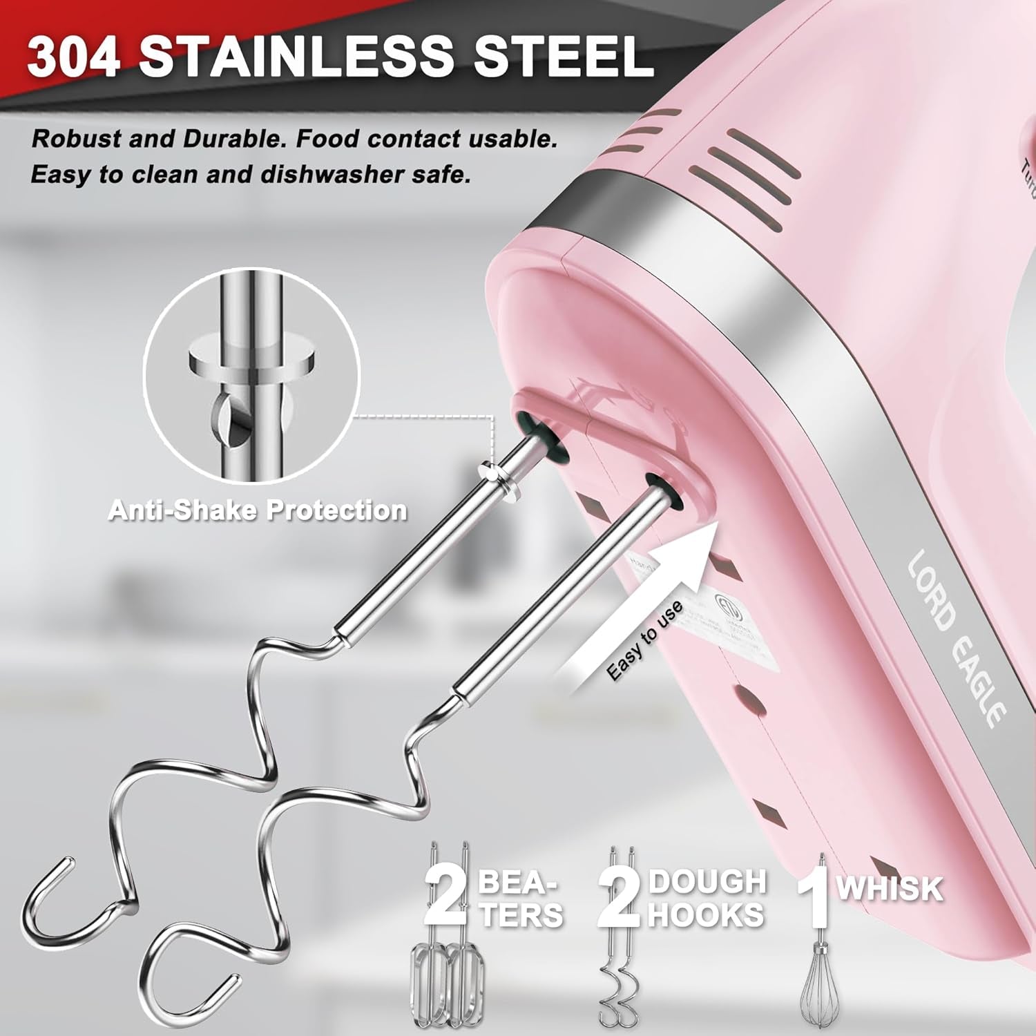 Hand Mixer Electric Whisk, 400W Power Handheld Mixer for Baking Cake Egg Cream Food Beater, Turbo Boost/Self-Control Speed + 5 Speed + Eject Button + 5 Accessories, Pink | Handheld Mixer for Egg Cream Food Beater, Turbo Boost/Self-Control Speed + Eject Button + 5 Accessories, Pink