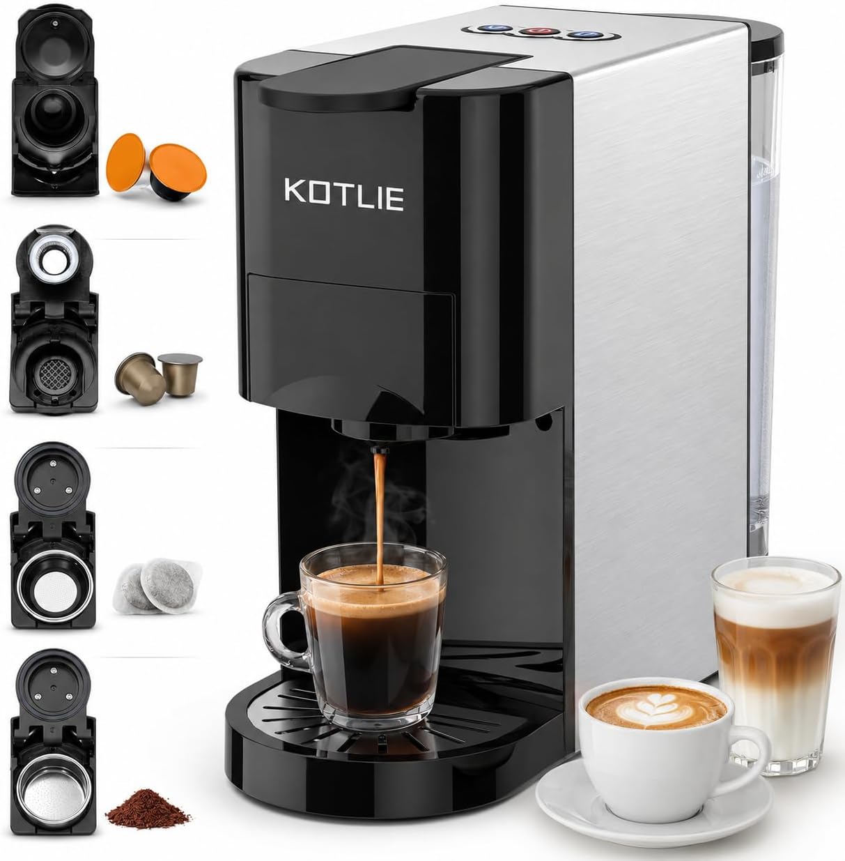 4-in-1 Pod Coffee Machine — Nespresso, Dolce Gusto, ESE & Ground Coffee, 19 Bar, Classic