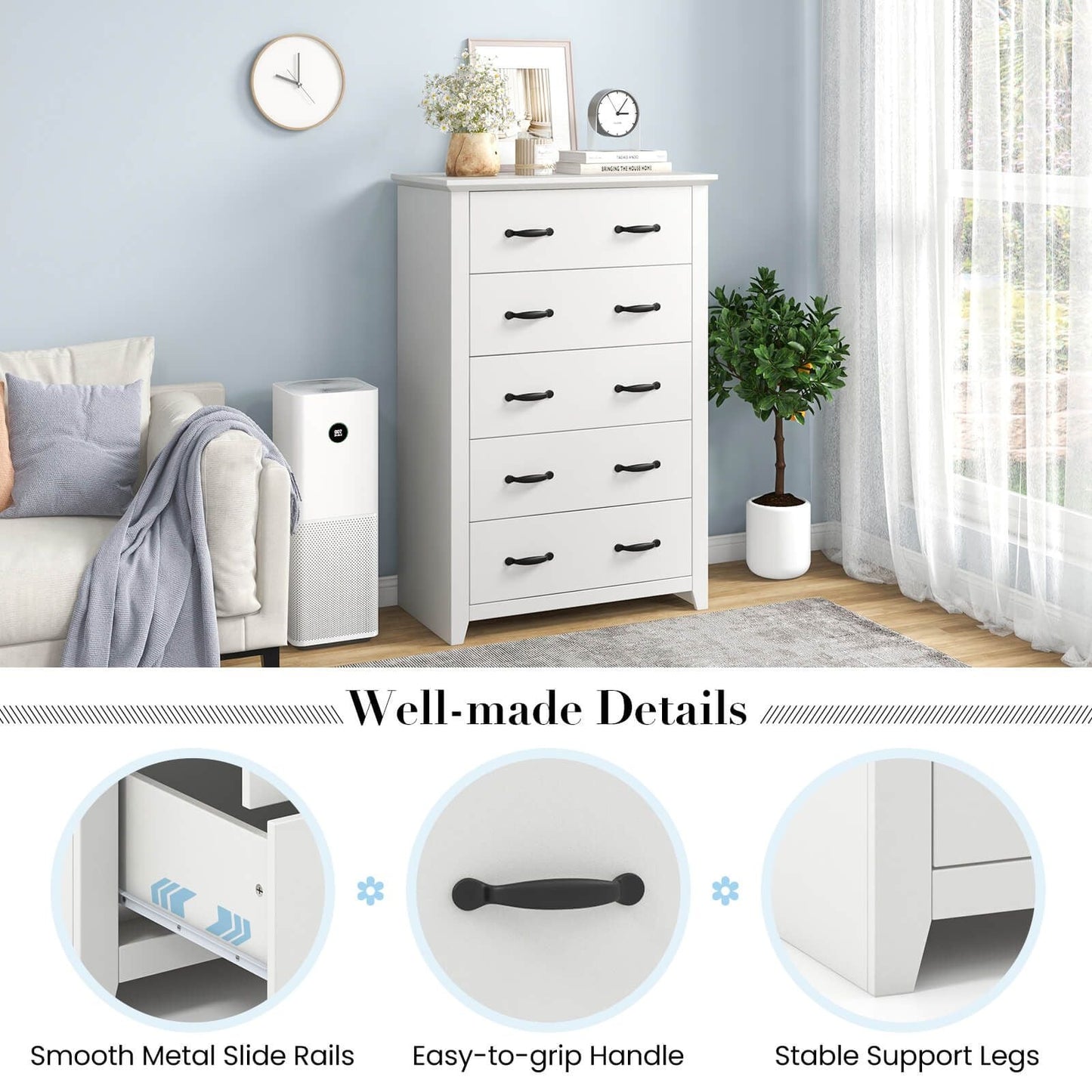 Dresser Vertical Chest of Drawers with 5 Pull-Out Drawers