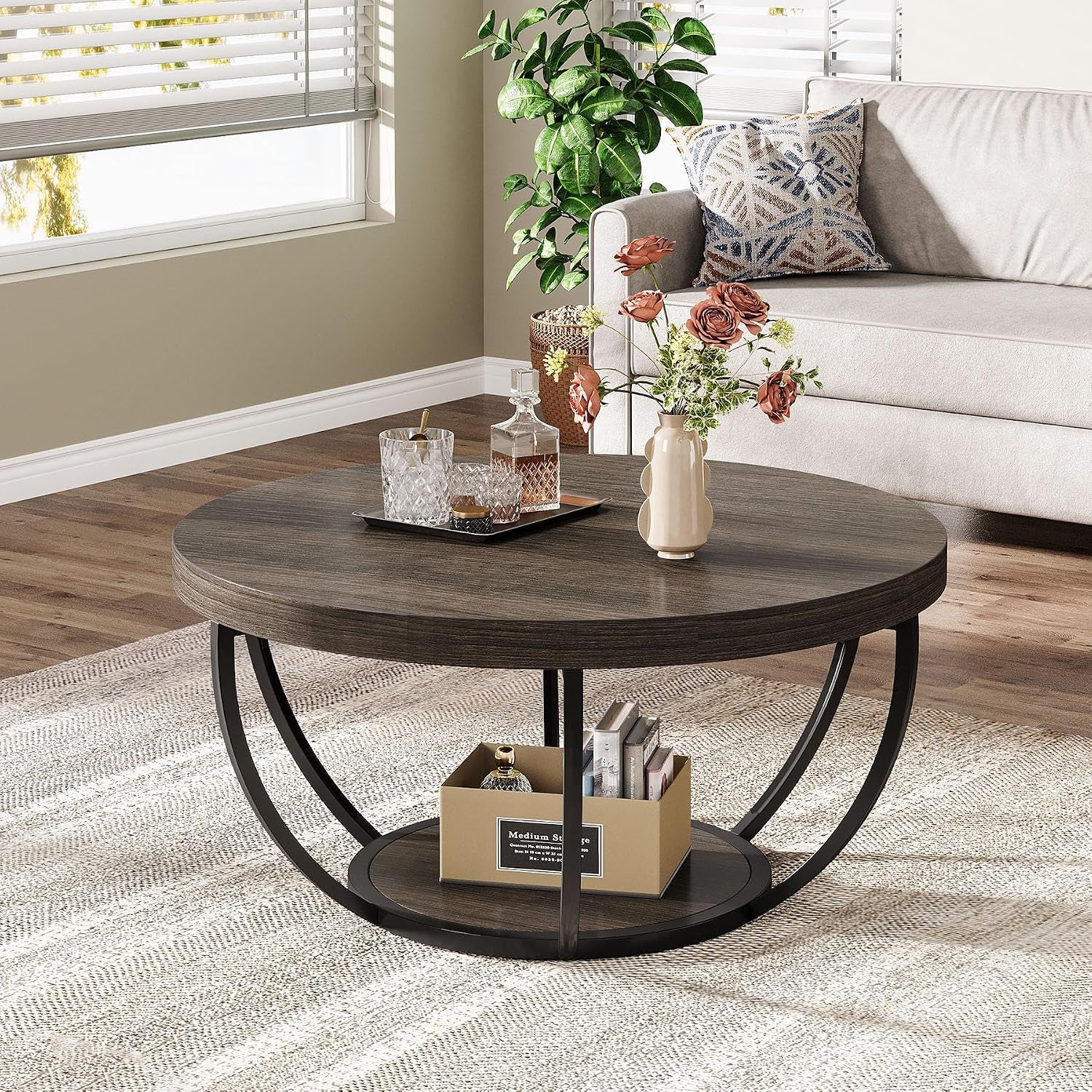 round Coffee Table, 31.7 Inches, 2-Tier Circular Wooden Side Table with Storage Shelves, Modern Living Room End Table, Grey
