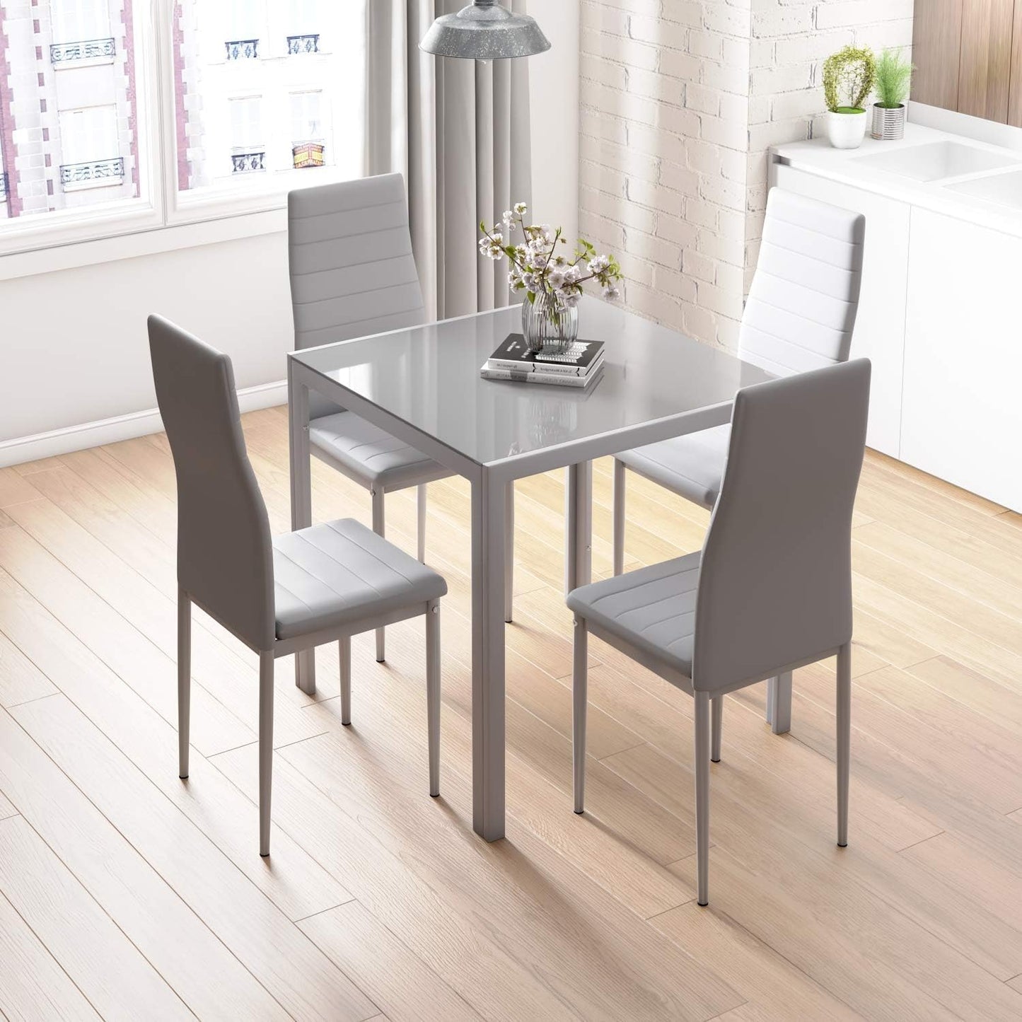 Glass Table and Chairs Set 4, 75Cm Square Table with 4 Faux Leather High Back Chairs Modern Dining Room Sets for Home Kitchen Office, Grey