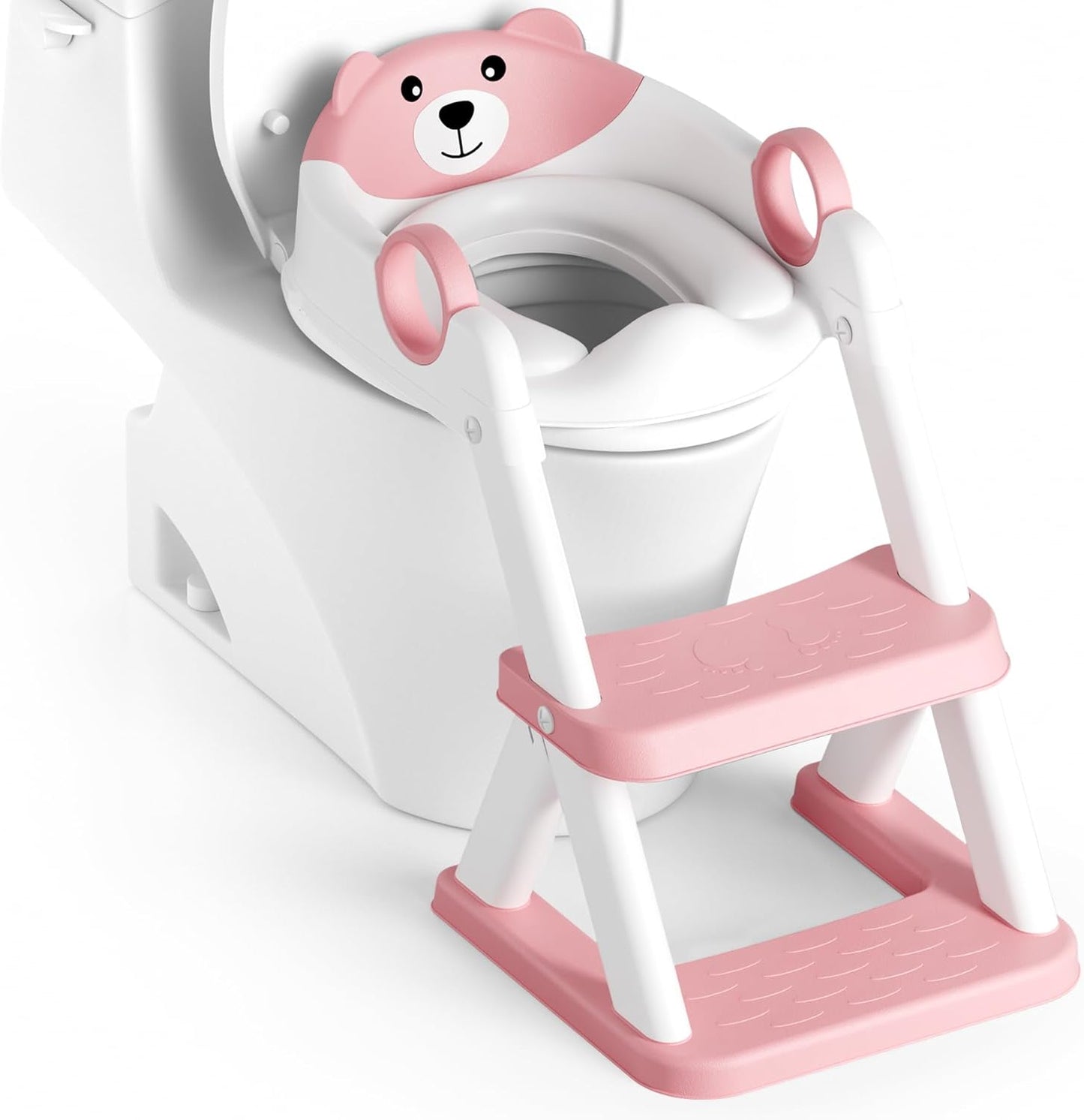 Bear Potty Training Seat, Upgrade 2 in 1 Toddler Toilet Seat,Splash Guard Anti-Slip Pad Step Stool,Pink