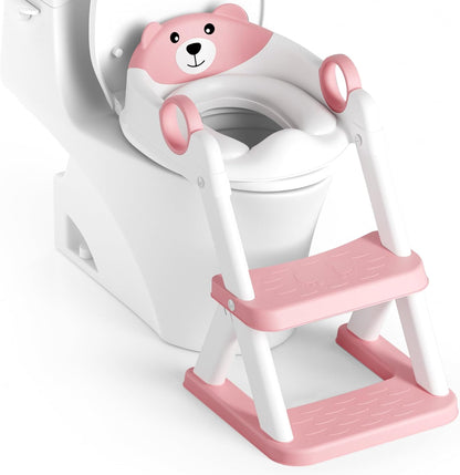 Bear Potty Training Seat, Upgrade 2 in 1 Toddler Toilet Seat,Splash Guard Anti-Slip Pad Step Stool,Pink