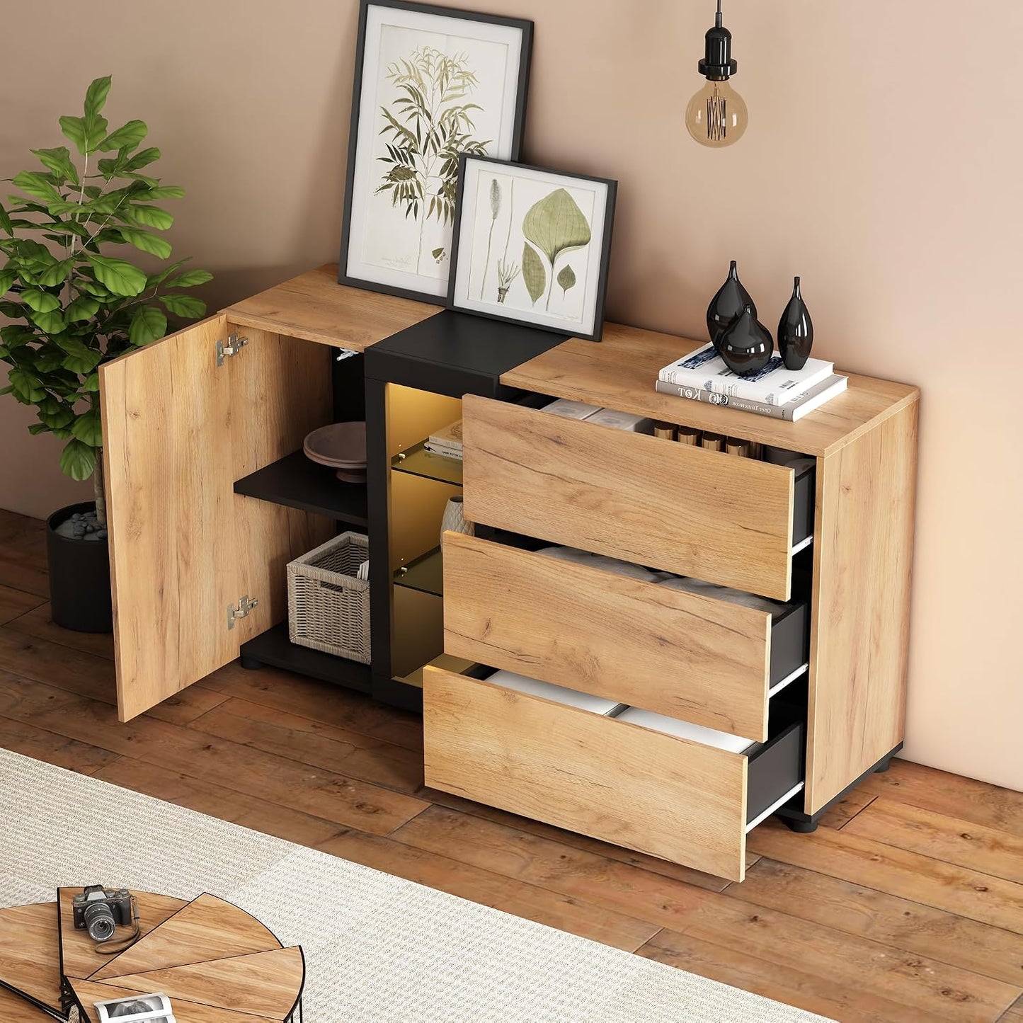 Chest of Drawers Bedroom with 3 Drawers, 1 Door, 1 Shelf Storage Cabinet, and 4 Open Compartments, Ample Storage Space, Functional Sideboards for Living Room, Black & Brown, 140X40X80Cm