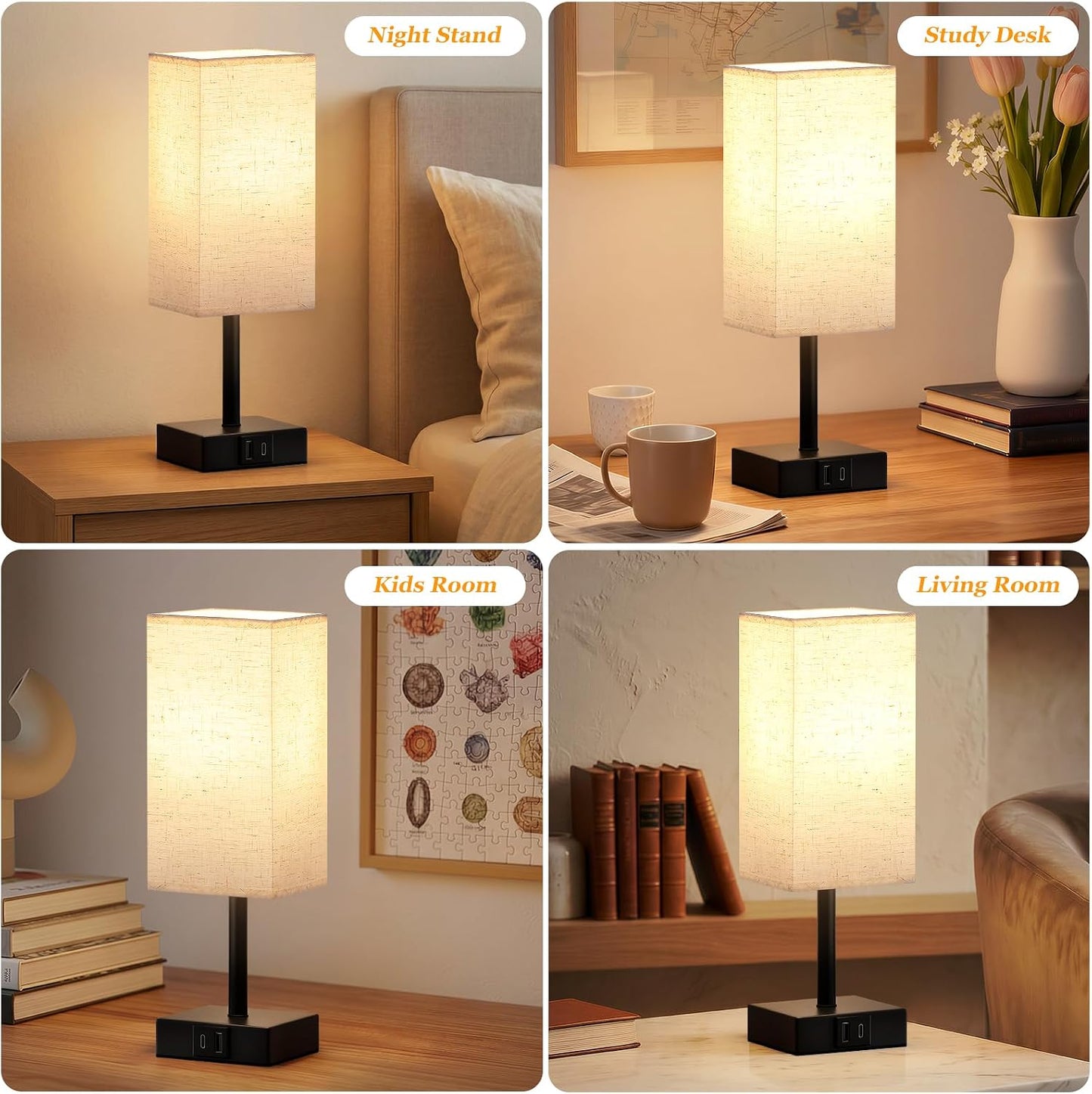 Touch Bedside Lamps, Bedside Table Lamp with USB A+C Charging Ports, Touch Lamps Bedside for Bedroom/Living Room/Study Room/Office, 3-Way Dimmable Reading Light (LED Bulb Included)