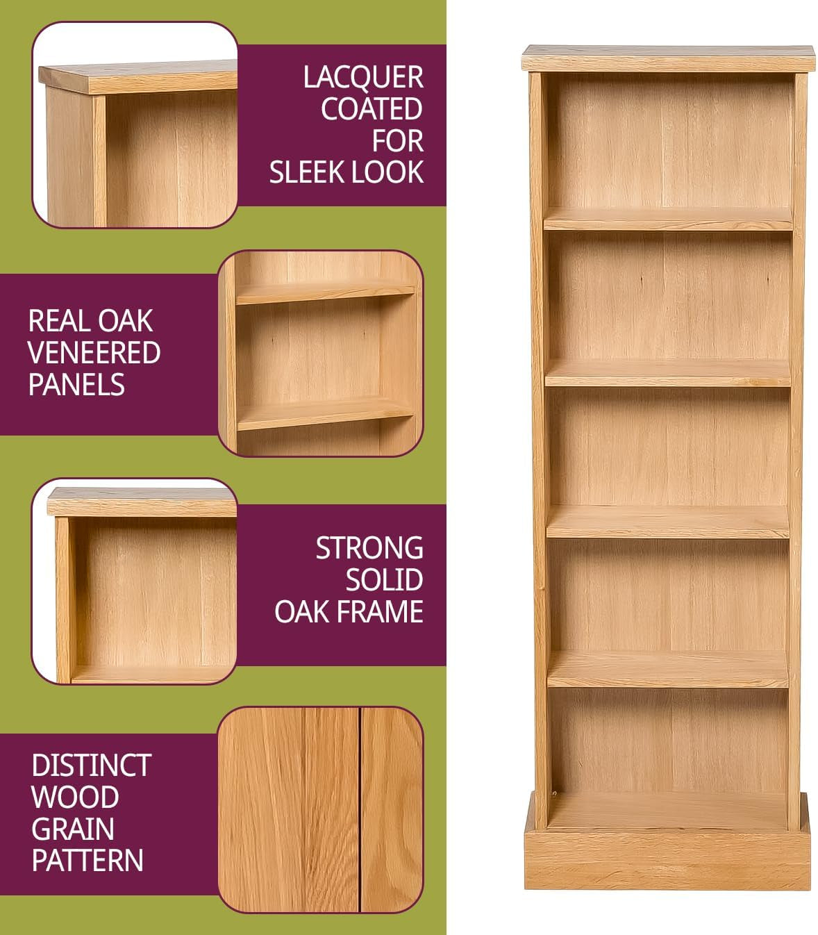 Waverly Solid Wooden Oak DVD Storage Cabinet 5-Tier | Brown Solid Wood DVD Rack Holds 120 Dvds, Media CD Shelf Unit, Light Oak Furniture for Living Room, Office Use or Hallway