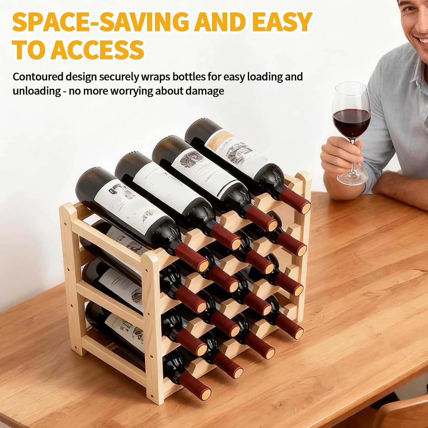 16 Bottles Wooden Wine Rack, 4 Tier Stackable Wine Storage Racks Free Standing Bottle Rack for Cupboard Home Kitchen Pantry Wine Cellar