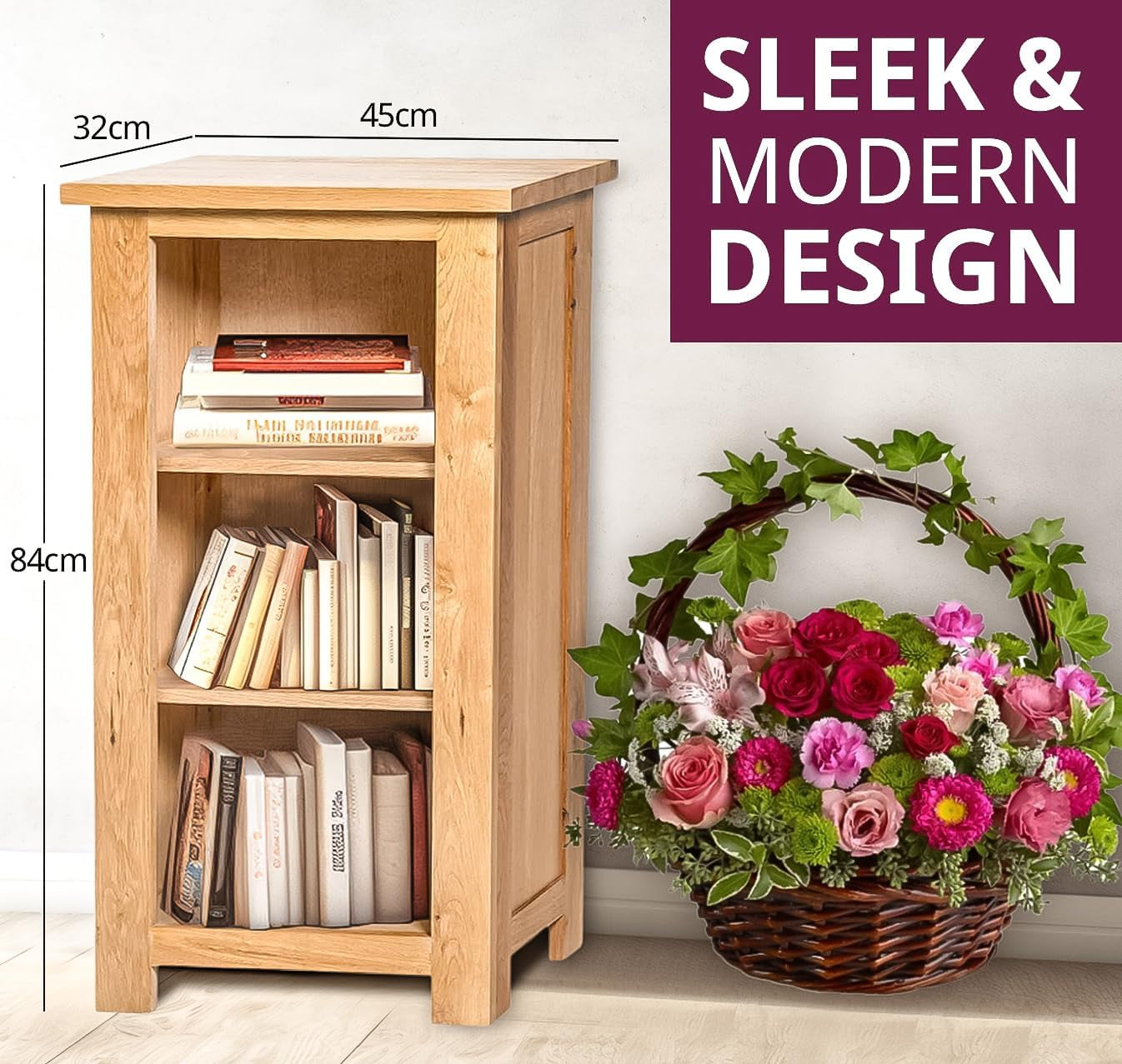 Waverly Solid Wooden Oak Bookcase, Solid Oak Furniture | Narrow Book Shelf with 2 Adjustable Shelves, Light Oak Low Bookshelf, Small Shelf Unit for Bedroom, Home Office, Living Room