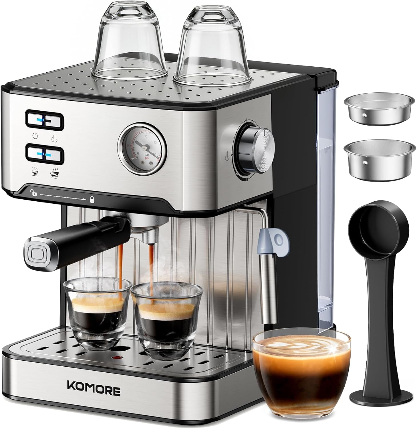 Espresso Machine, 20 Bar, 1.6L, Stainless Steel Coffee Machines | Milk Frother, Removable Water Tank, Warm Cup Area, Memory Function, Latte Machine, Espresso & Cappuccino Machines for Home