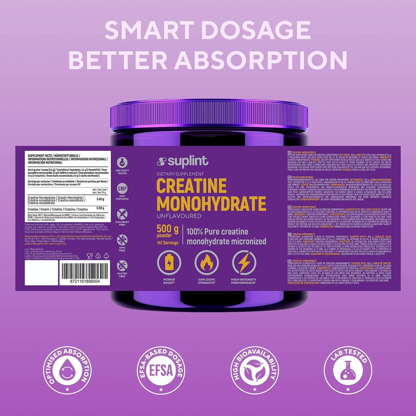 100% Pure Creatine Monohydrate Powder 500 G – 147 Servings