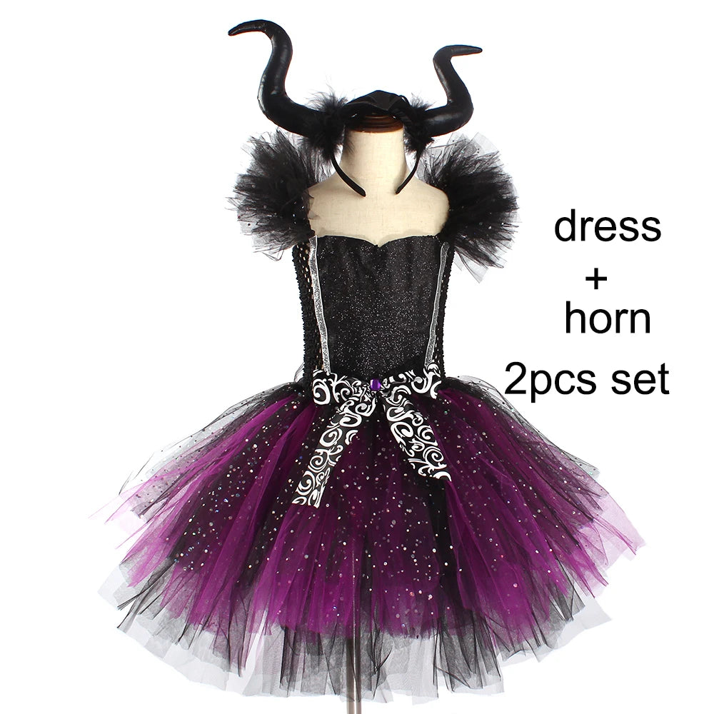 Glittery Black & Purple Kids Evil Witch Tutu Dress Girls Dark Fairy Witch Tutu Halloween Cosplay Costume with Horns and Wings