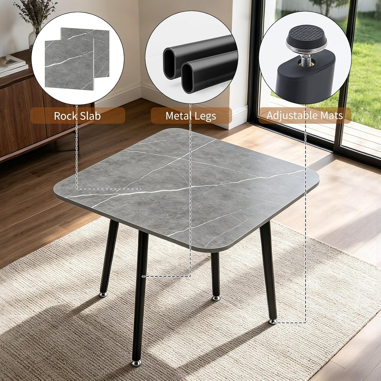 Square Dining Table and Chairs Set for 4, Rock Slab Kitchen Table with 4 PU Leather Chairs, 5 Pieces Dining Room Set for Small Space Apartment Reception, Space Saving, Square Gery