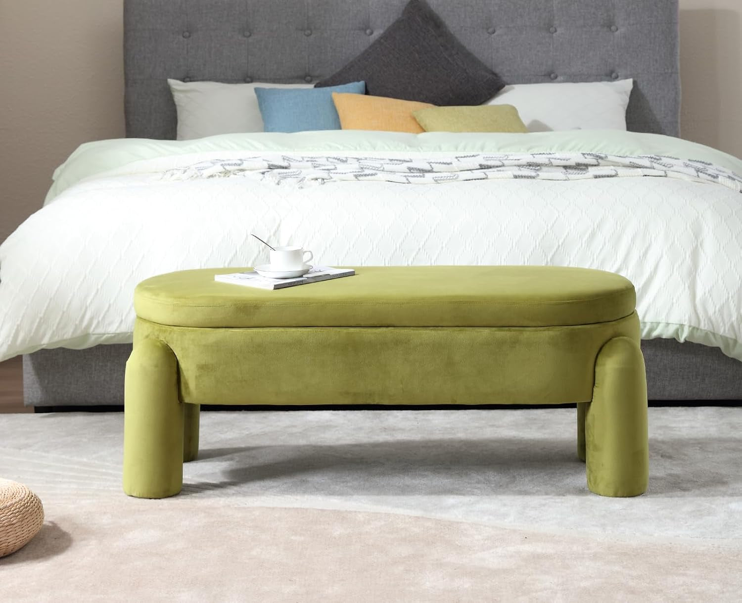 Upholstered Storage Ottoman Seat Velvet Window Bench Corner Bench for Bedroom Living Room (Green)