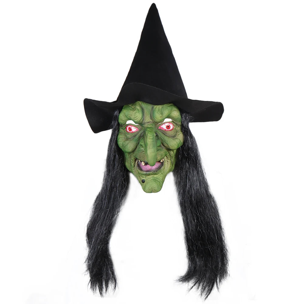 Halloween Horror Old Witch Mask with Hat Cosplay Scary Clown Hag Latex Masks Green Face Big Nose Old Women Costume Party Props