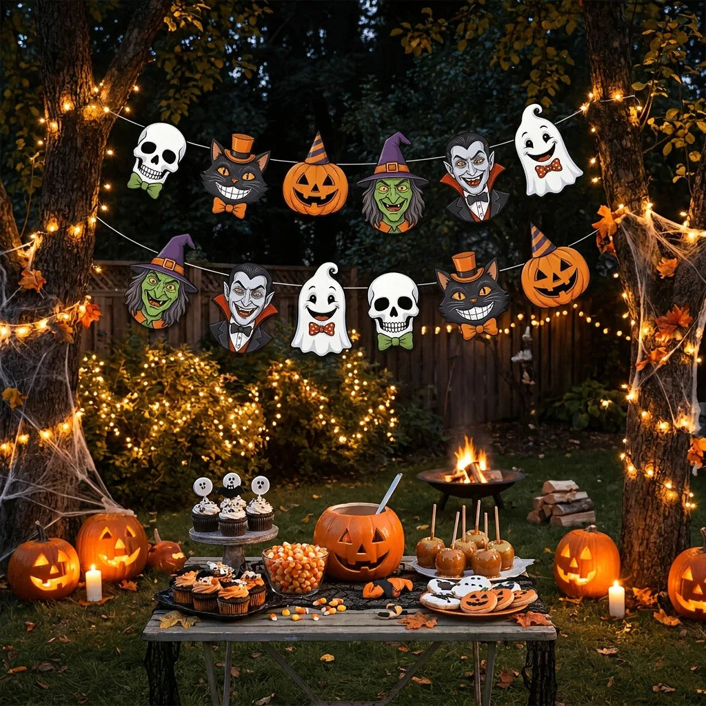 Cartoon Halloween Character Banner Witch Vampire Ghost Pumpkin Black Cat Skull Bunting Garland for Indoor Home Party Decor