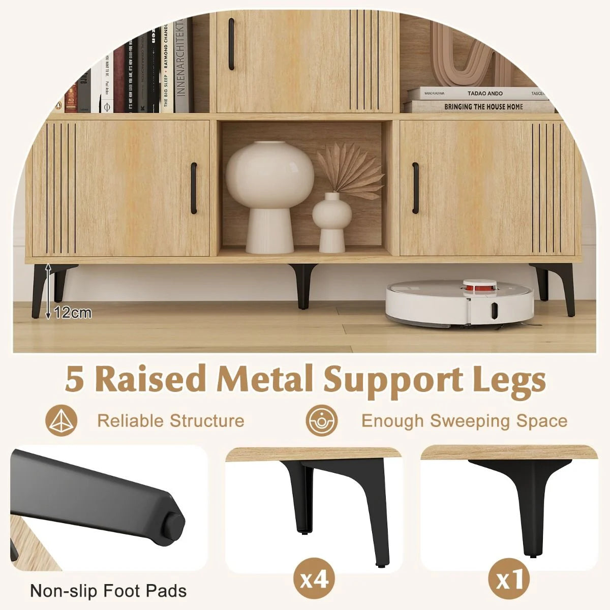 Sideboard Storage Cabinet Bookcase with 3 Doors and Open Compartments