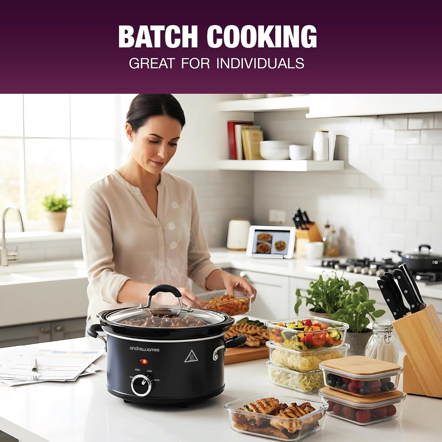 1.5L Slow Cooker - Roast-To-Rest – Compact Small Slow Cooker for 1–2 People with Oven-Proof Ceramic Pot, Easy-Clean Design, 3 Heat Settings & Glass Lid