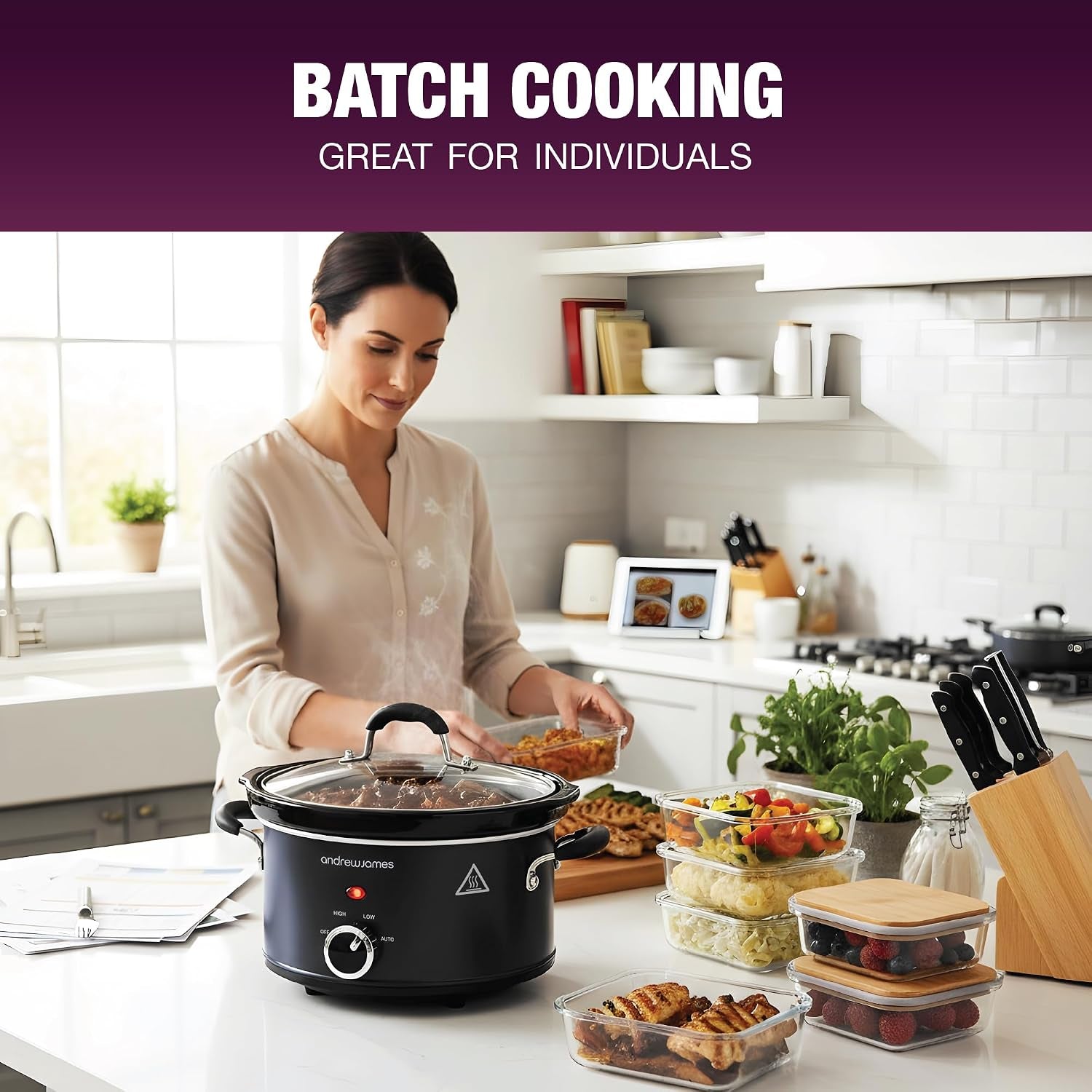 1.5L Slow Cooker - Roast-To-Rest – Compact Small Slow Cooker for 1–2 People with Oven-Proof Ceramic Pot, Easy-Clean Design, 3 Heat Settings & Glass Lid