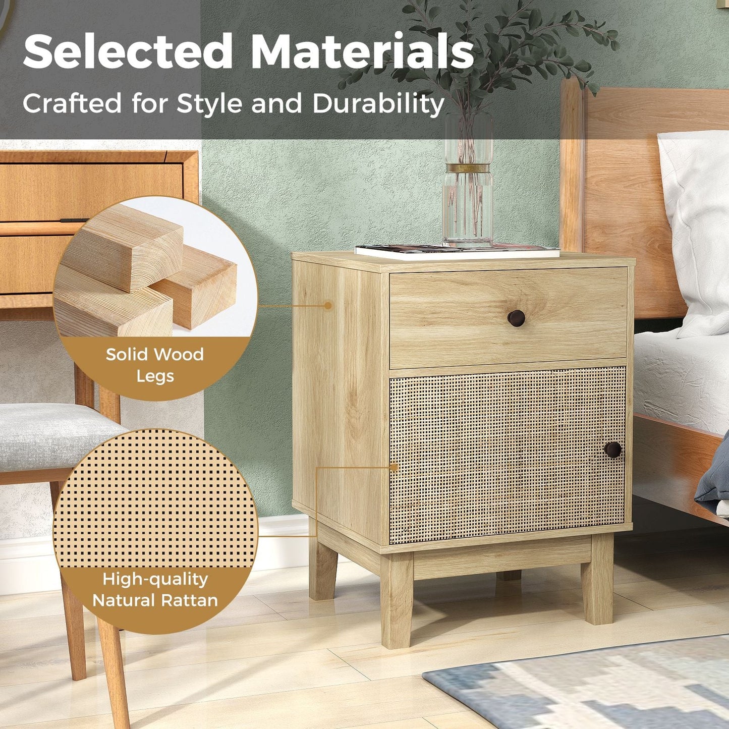 Modern Rattan Nightstand with Storage Drawer and Cabinet