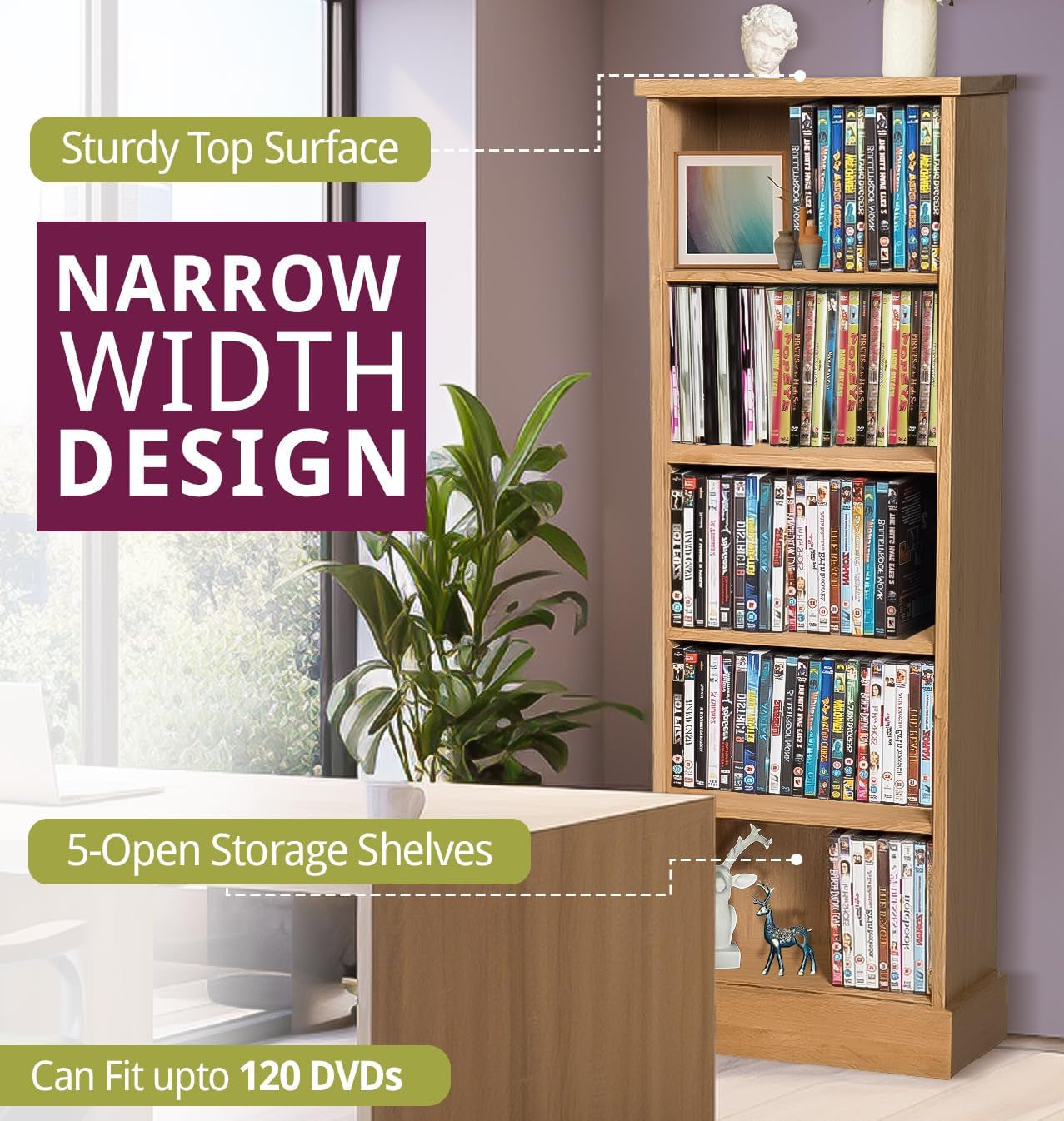 Waverly Solid Wooden Oak DVD Storage Cabinet 5-Tier | Brown Solid Wood DVD Rack Holds 120 Dvds, Media CD Shelf Unit, Light Oak Furniture for Living Room, Office Use or Hallway