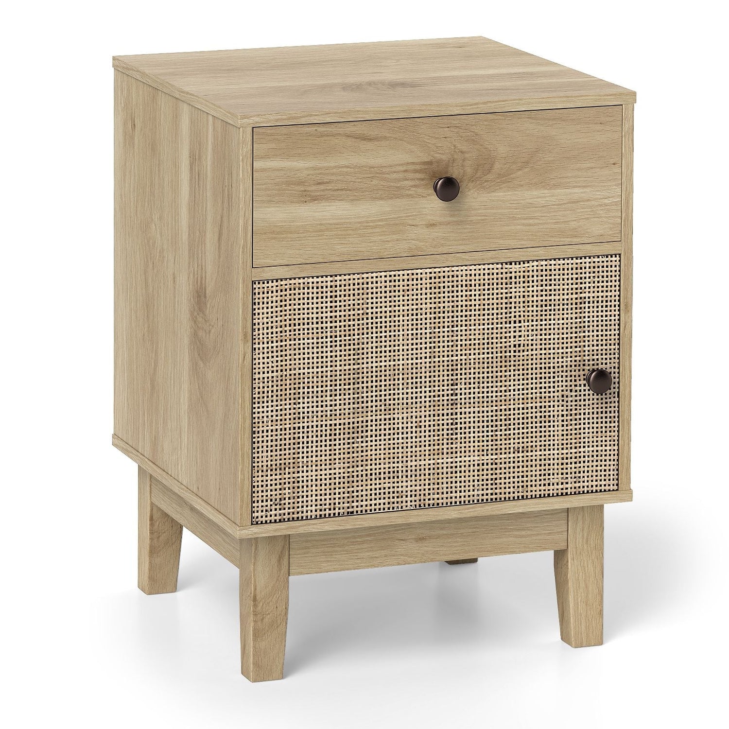Modern Rattan Nightstand with Storage Drawer and Cabinet