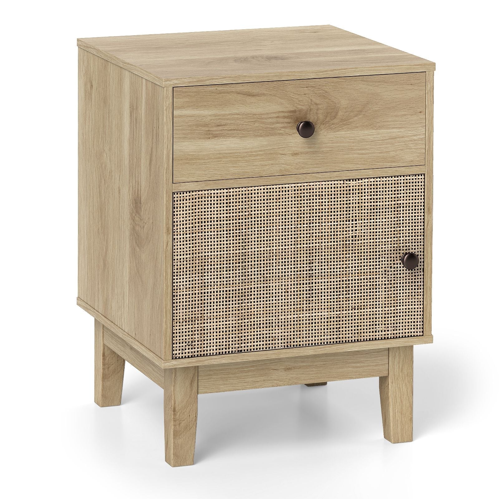 Modern Rattan Nightstand with Storage Drawer and Cabinet