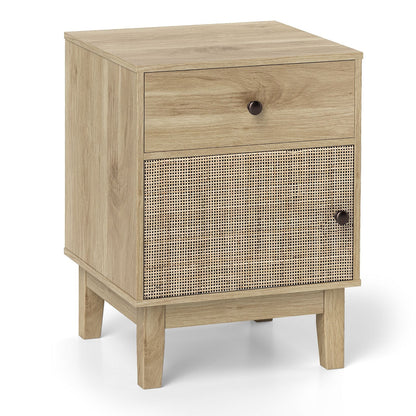 Modern Rattan Nightstand with Storage Drawer and Cabinet