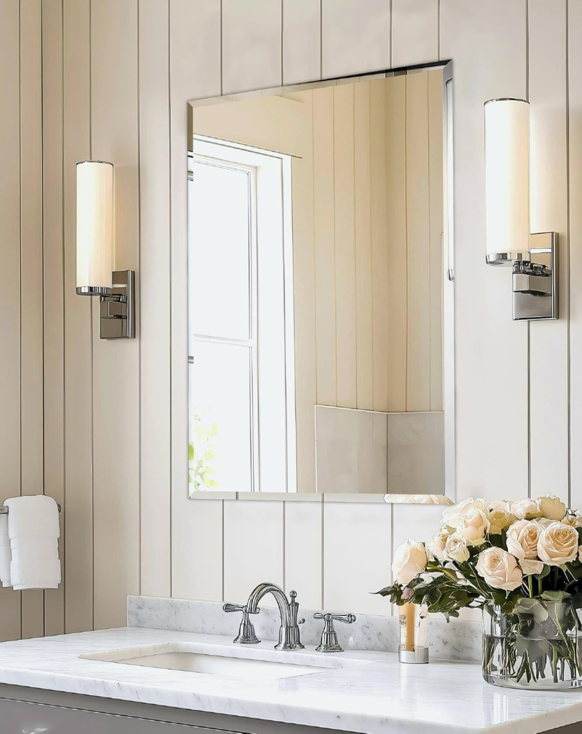 Medium Frameless Bathroom Wall Mirror 80 X 60Cm Plain Edge Silver | High Clarity Distortion Free Rectangle Wall Mirrors with 3 Hangers for over Sink Vanity, Hanging Vertically or Horizontally