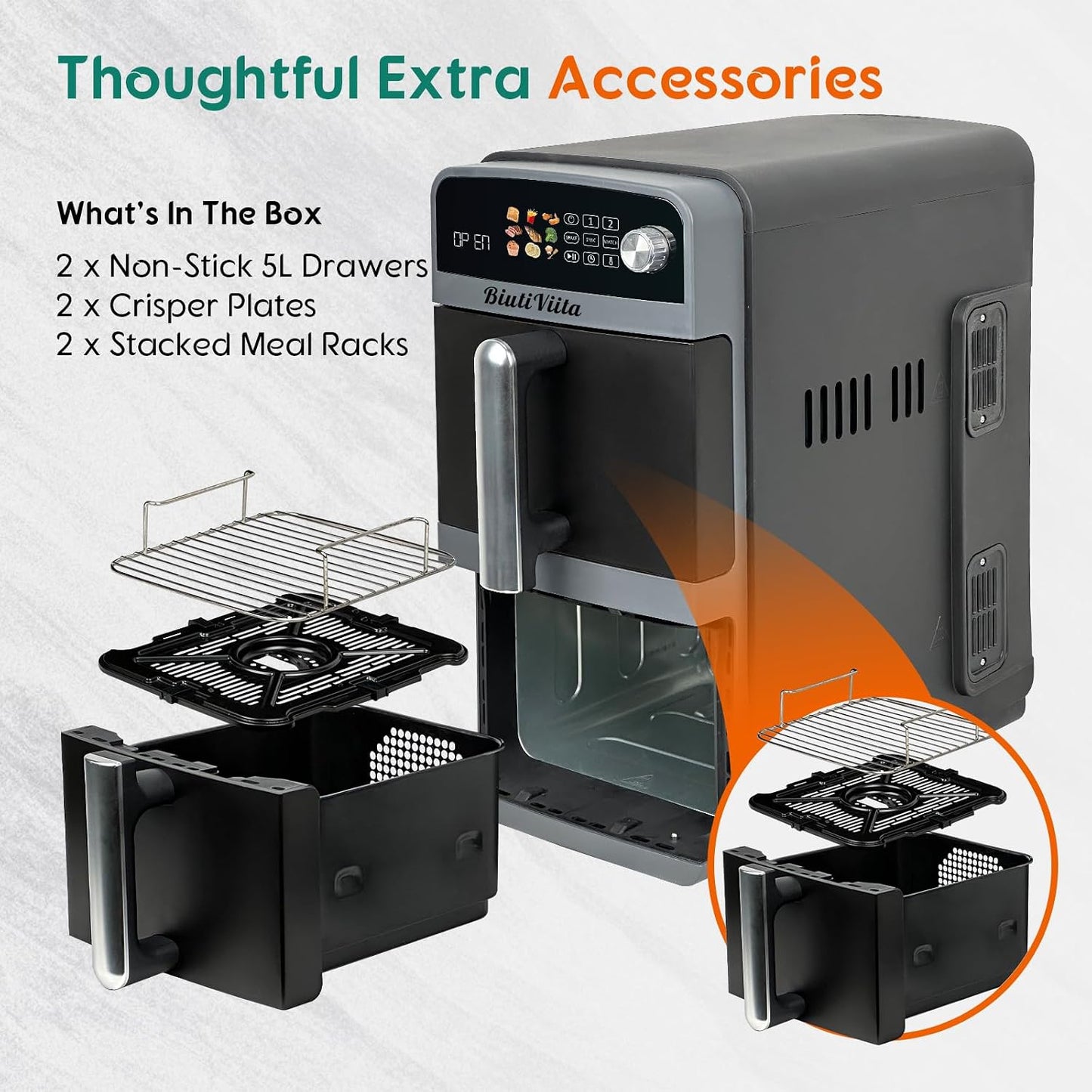 10L Double Stack Air Fryer with Dual Basket & 2 Drawers – 2400W Dual Air Fryer for Even Heating with 4 Cooking Levels | 9-In-1 Modes, Sync&Match, Shake Reminder，Large for Family Capacity