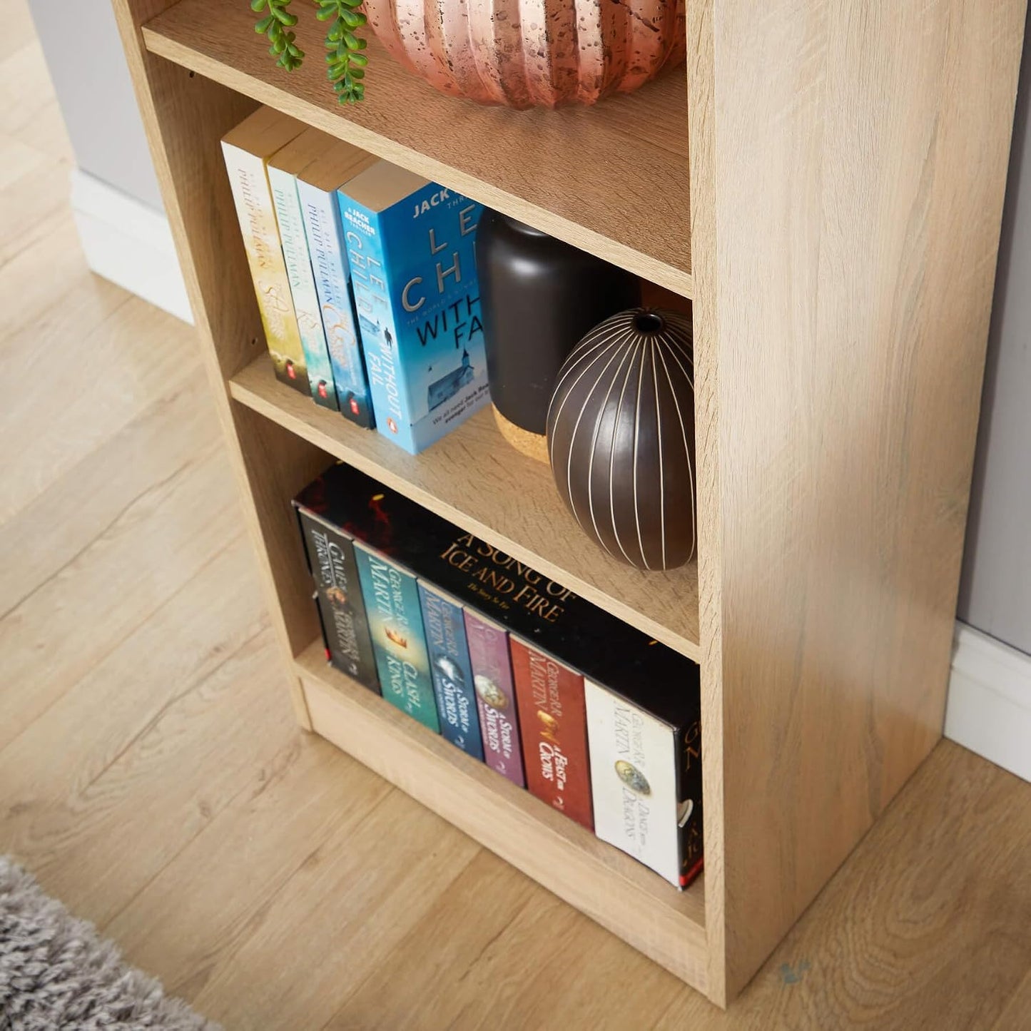 Tall Bookcase, Narrow Open Adjustable Shelves, Display Storage Cabinet, 6 Tier, Oak Effect