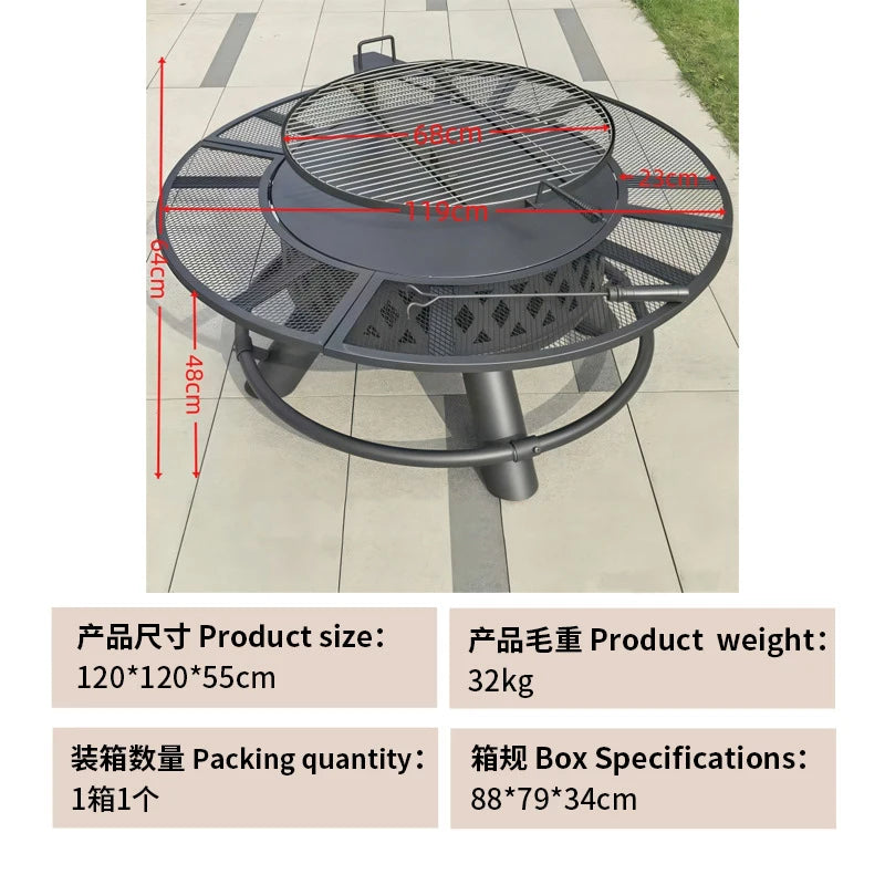 Charcoal Grill & Patio Heater 2-In-1,Area for 8-10 People, Heavy Duty Black Steel Fire Pit with Wheels, Outdoor BBQ