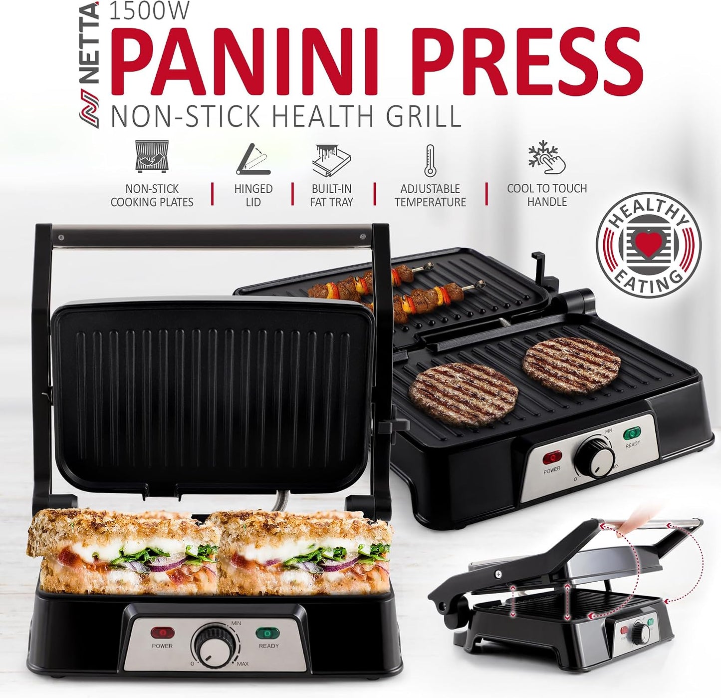Panini Maker & Health Grill - Sandwich Toaster, Panini Press - 2 Slice Non-Stick Grill Plates – Built-In Fat Tray - 1500W - Stainless Steel – Easy to Clean