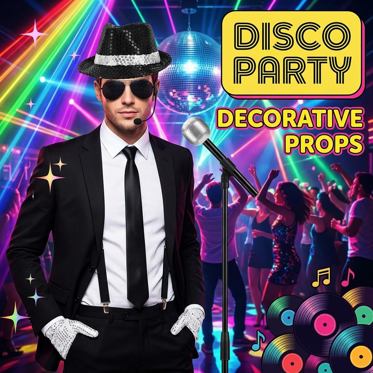 MJ Costume, 80S Fancy Dress Men, 7Pcs Disco Clothing Set Halloween Costumes, with Hat, Glasses, Tie, Microphone, Headset, Suspenders and Gloves