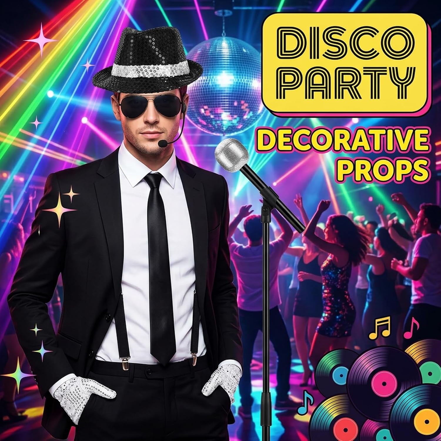 MJ Costume, 80S Fancy Dress Men, 7Pcs Disco Clothing Set Halloween Costumes, with Hat, Glasses, Tie, Microphone, Headset, Suspenders and Gloves