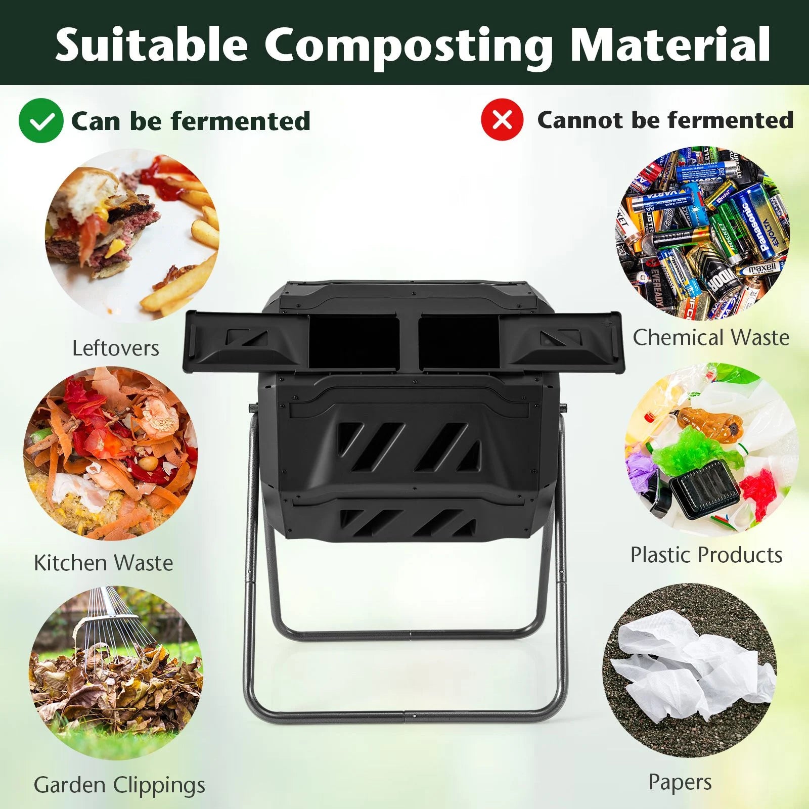 Compost Bin 160L Dual Chamber Composting Tumbler with Sliding Doors