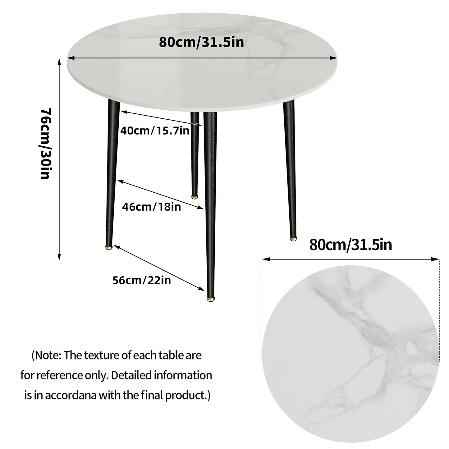 Modern round Kitchen Dining Table Marble Top 80Cm Diameter Linving Dining Room Restaurant Island Table for 4 Seat