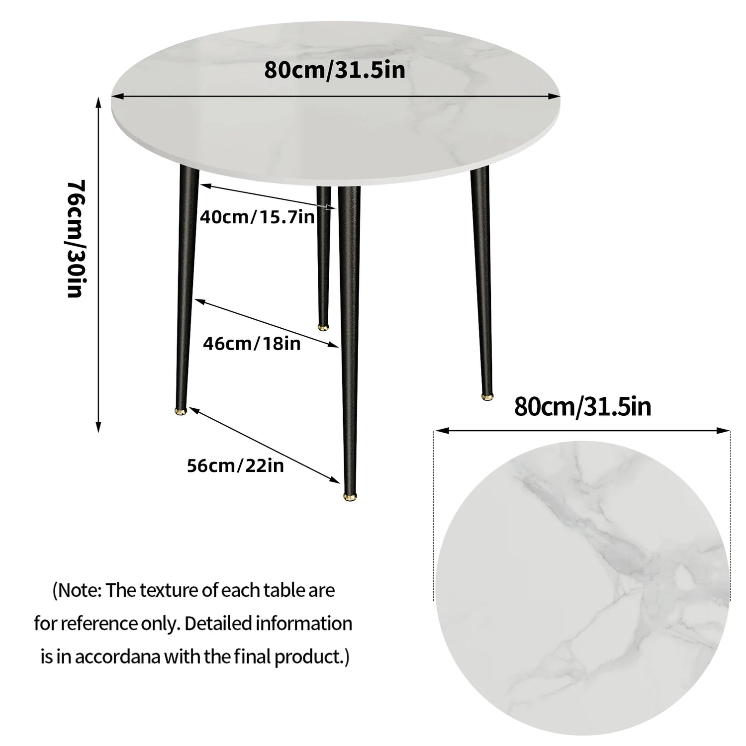 Modern round Kitchen Dining Table Marble Top 80Cm Diameter Linving Dining Room Restaurant Island Table for 4 Seat