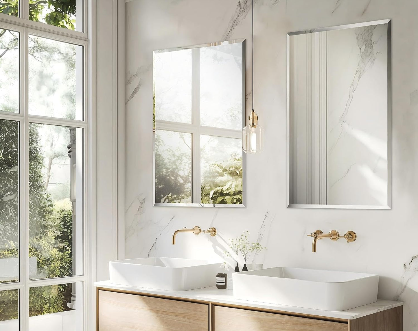 Medium Frameless Bathroom Wall Mirror 80 X 60Cm Plain Edge Silver | High Clarity Distortion Free Rectangle Wall Mirrors with 3 Hangers for over Sink Vanity, Hanging Vertically or Horizontally