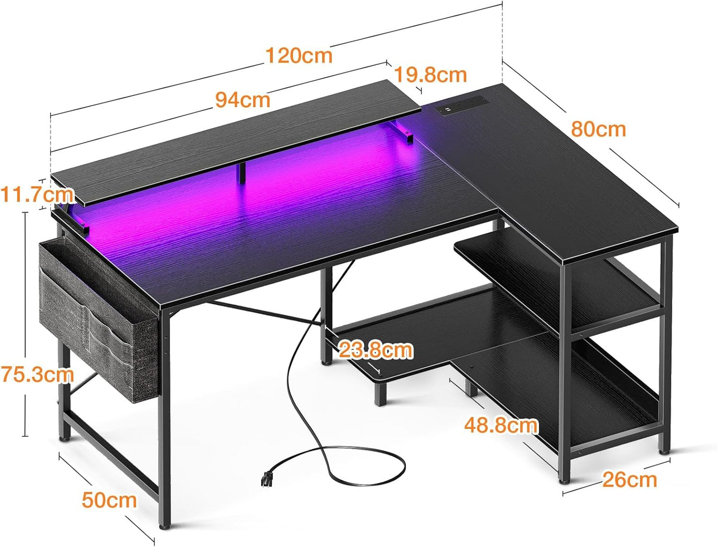 L Shaped Gaming Desk with LED Lights, 120 × 80 Cm Computer Desk with Power Outlet, Reversible Corner Gaming Table with Storage Shelves & Monitor Stand, Black