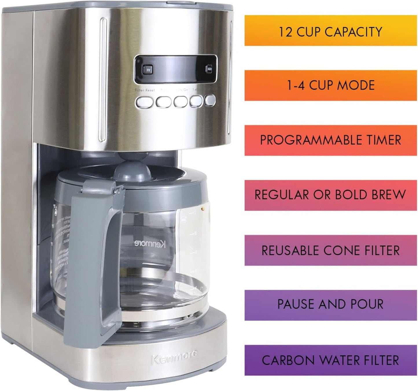 Kenmore Filter Coffee Machines 12-Cup Drip Coffee Makers with 1.8L Glass Pot for Ground Coffee Digital Display Programmable Timer Auto Shut off Warming Plate Reusable Filter Kitchen Appliances Silver
