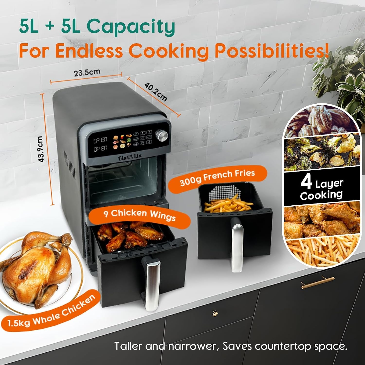 10L Double Stack Air Fryer with Dual Basket & 2 Drawers – 2400W Dual Air Fryer for Even Heating with 4 Cooking Levels | 9-In-1 Modes, Sync&Match, Shake Reminder，Large for Family Capacity