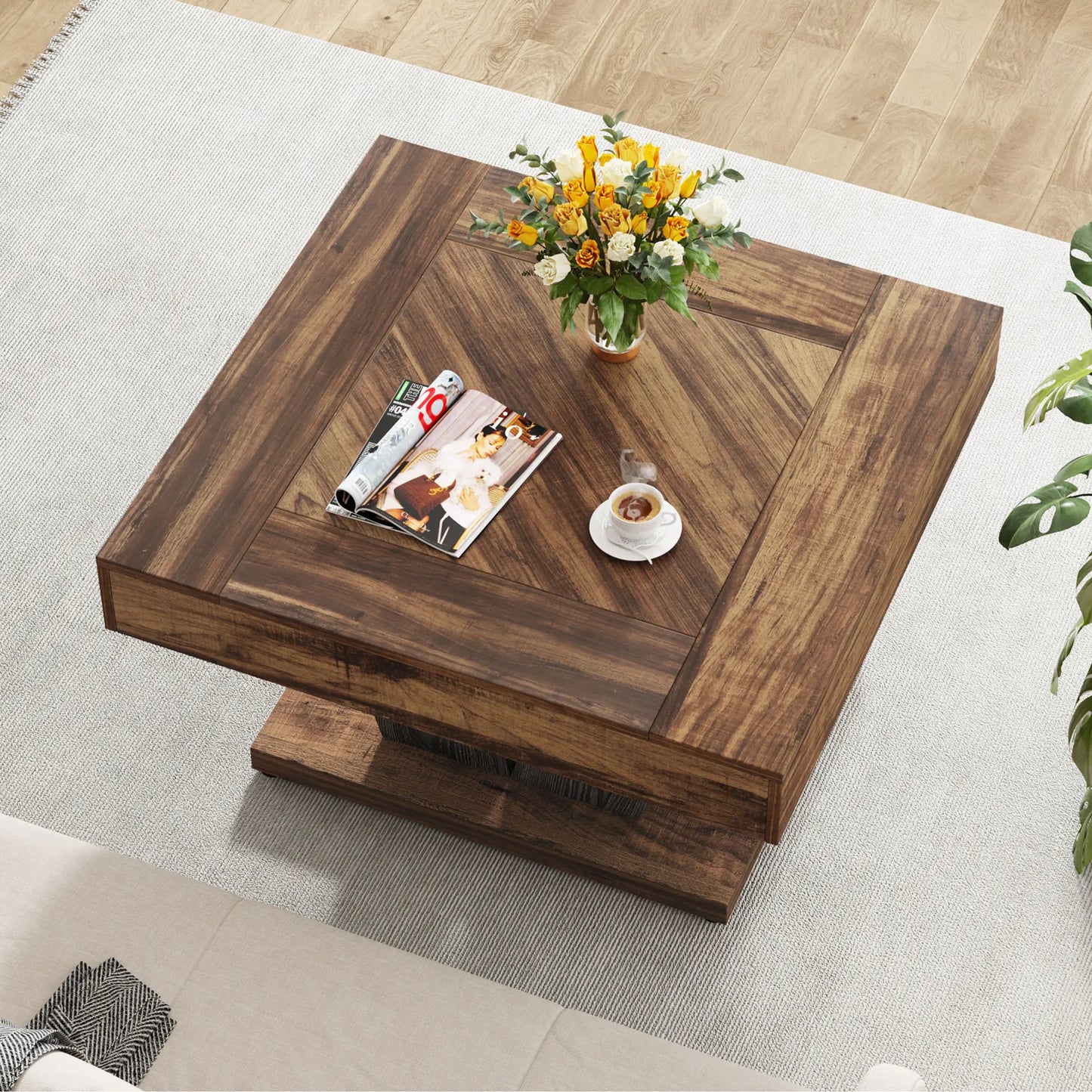 80Cm Square Coffee Table in Rustic Brown & Black - Modern Wooden Centre Table for Living Room