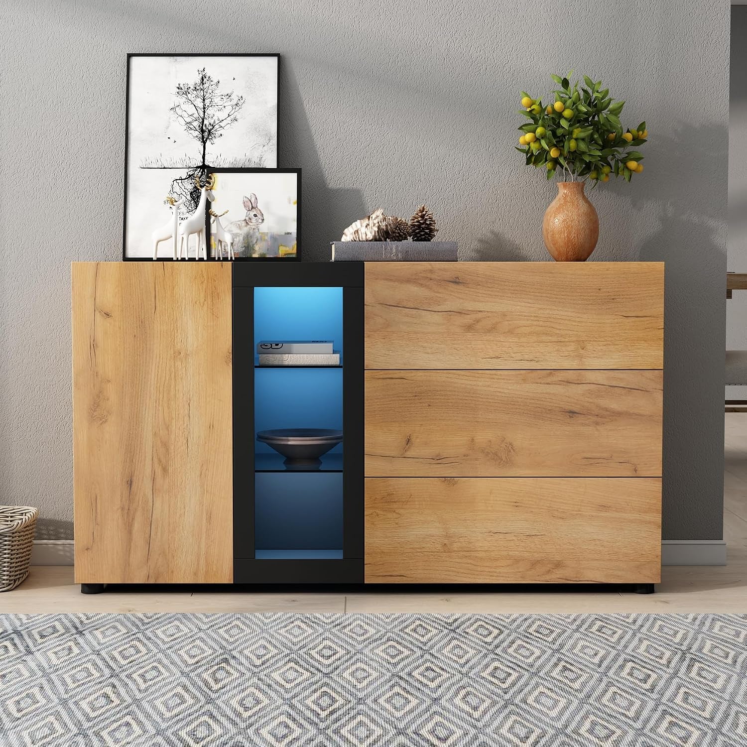 Chest of Drawers Bedroom with 3 Drawers, 1 Door, 1 Shelf Storage Cabinet, and 4 Open Compartments, Ample Storage Space, Functional Sideboards for Living Room, Black & Brown, 140X40X80Cm