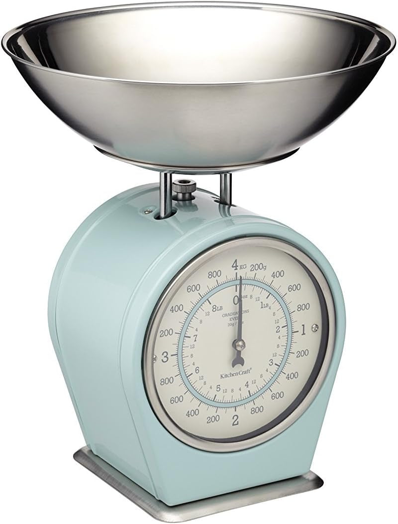 Living Nostalgia Mechanical Kitchen Scale with Bowl in Gift Box, Scale Made of Cast Iron with Acacia Wood Stand, Vintage Blue
