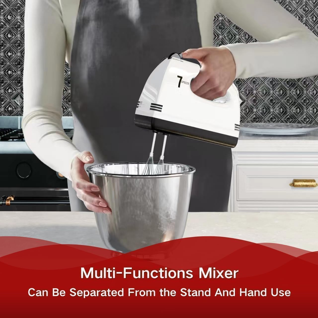 Stand Mixers, 7 Speeds with 3QT Stainless Steel Bowl, Stand and Hand Mixer with Dough Hook, Whisk, Mixing Beater for Baking, Cake, Cookie, Kneading (HP1)