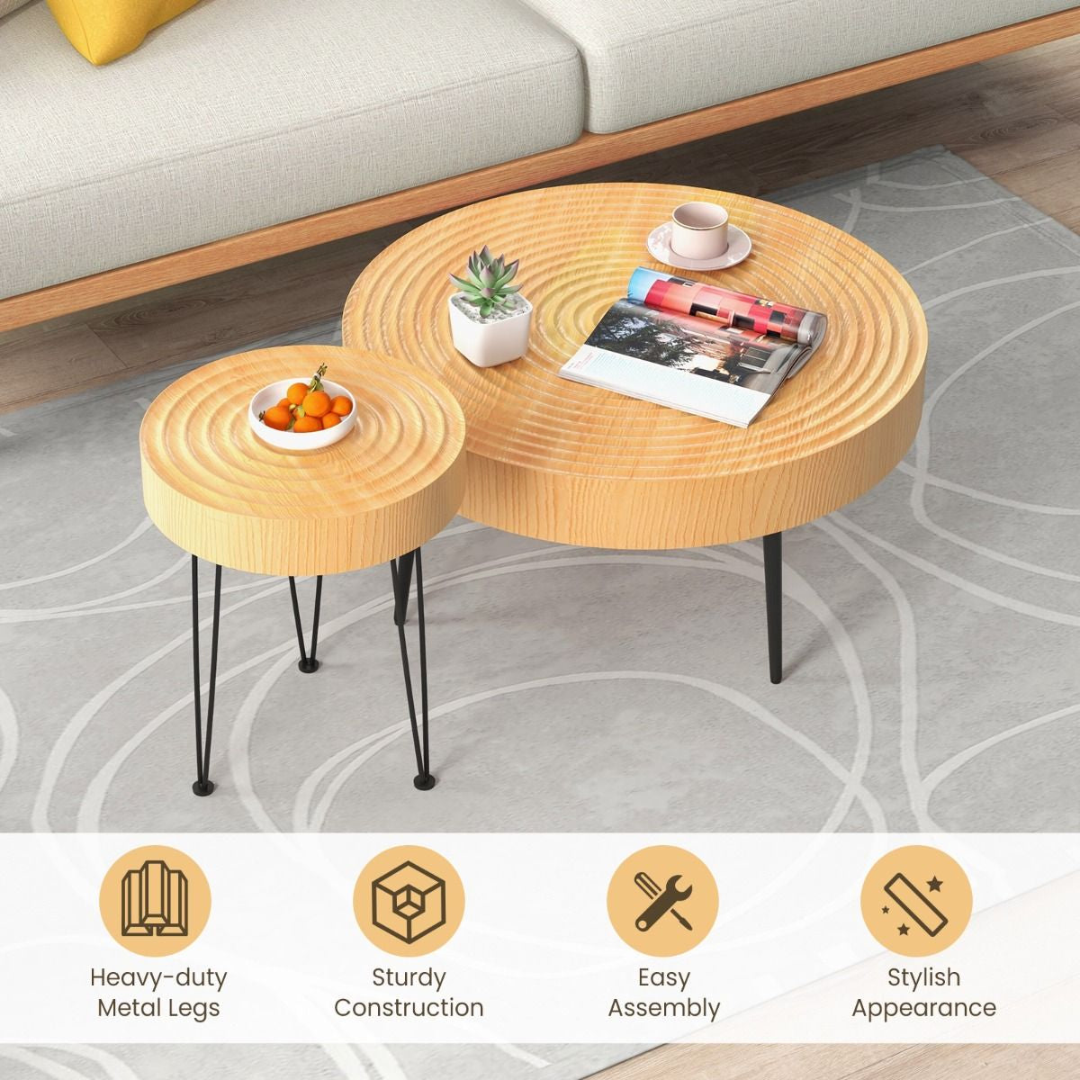 Set of 2 Solid Wood Farmhouse round Coffee Tables