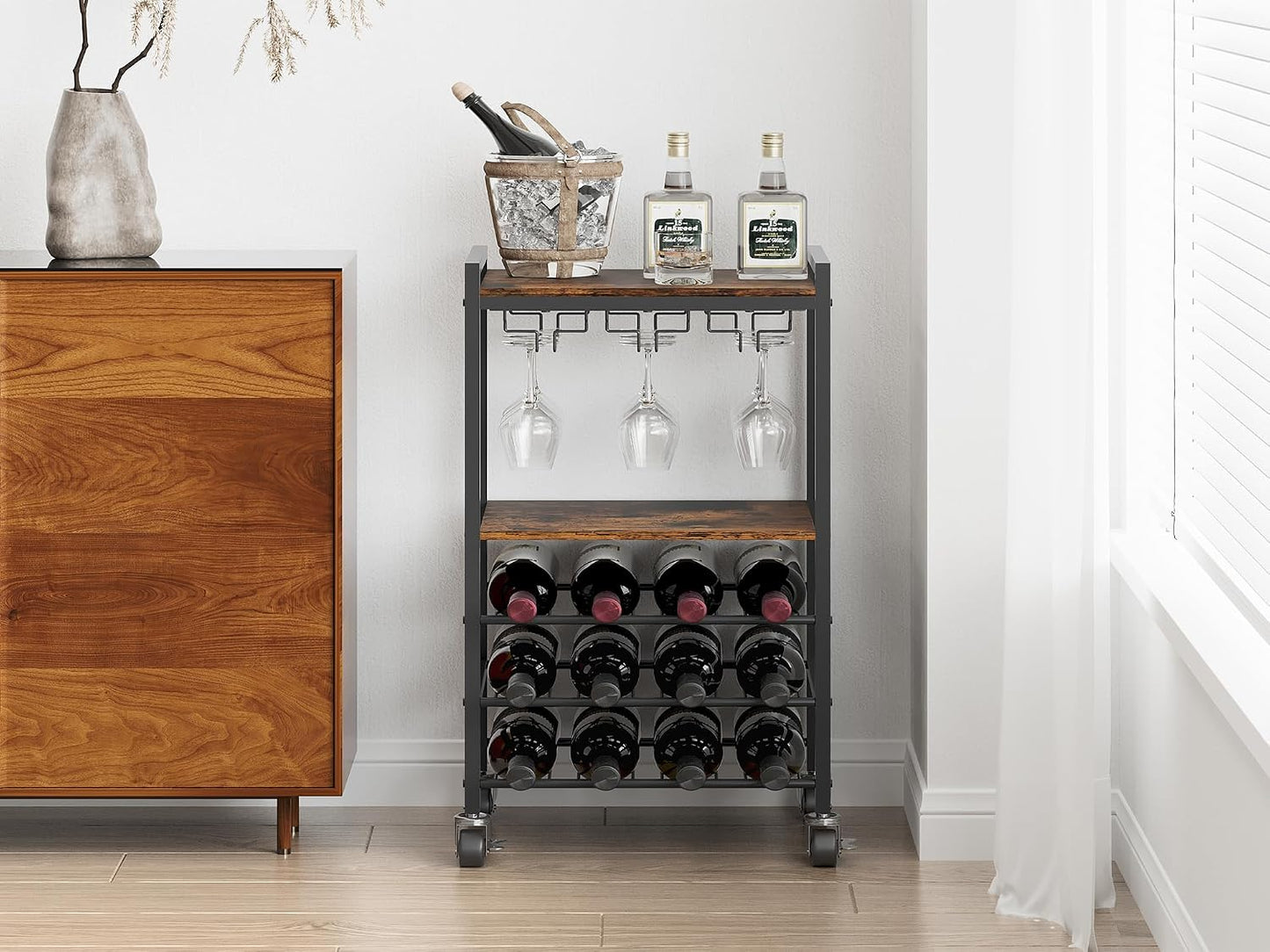 Metal Wooden 12 Bottles Wine Racks Free Standing Floor,Wine Trolley on Wheels,Rolling Bar Cart with Glass Holder,Drinks Storage Trolley for Home & Kitchen,Brown