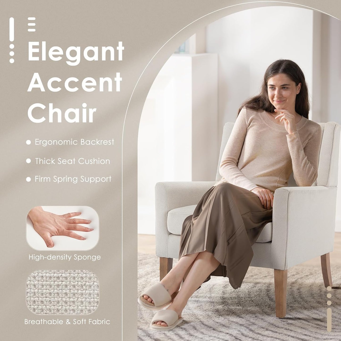 Modern Wingback Living Room Chair, Upholstered Fabric Accent Armchair, Single Sofa Chair with Lounge Seat and Wood Legs for Office/Bedroom/Reading Spaces, Beige